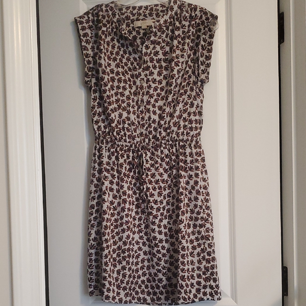 LOFT Cream Mini Dress with Brown Leaf Print Sz XS